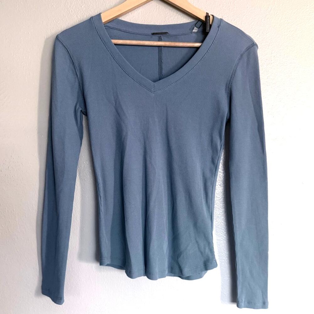 new ELIE TAHARI light slate blue ribbed vneck long sleeve pima cotton modal top